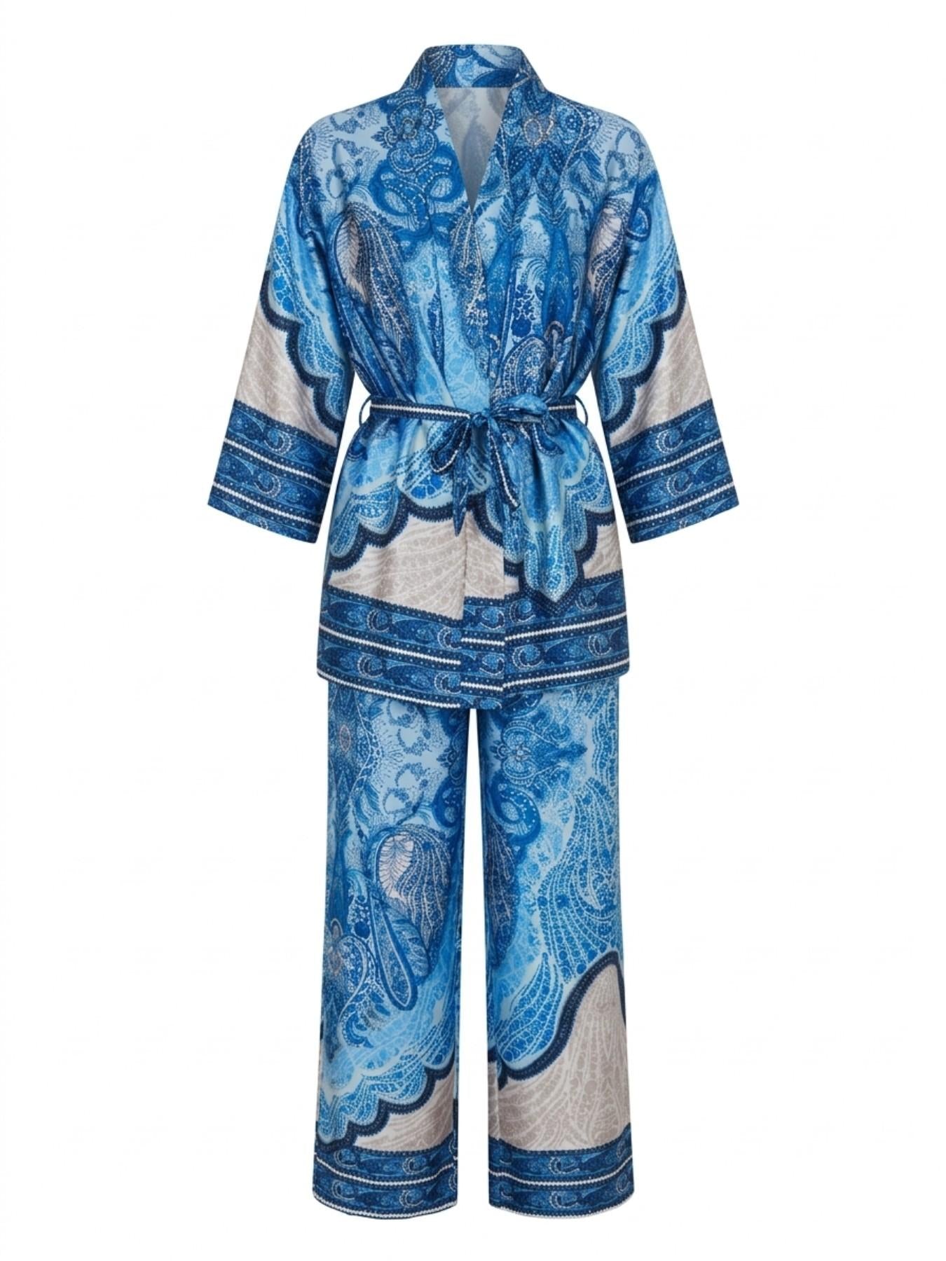 URBANREVERSE Boho Kimono Set Kimono Jacket Wide Leg Pants Two Piece Coordinated Women Boho Resort Chic Matching Set Summer Look Holiday Outfit Elegant Casual Luxury Street Style Italian Style premium look relaxed fit Made in Italy