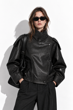 Giacca in Finta Pelle con Collo Alto | Stile Moto
