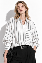 Camicia Loose a Righe Verticali con Tasca | Stile Casual