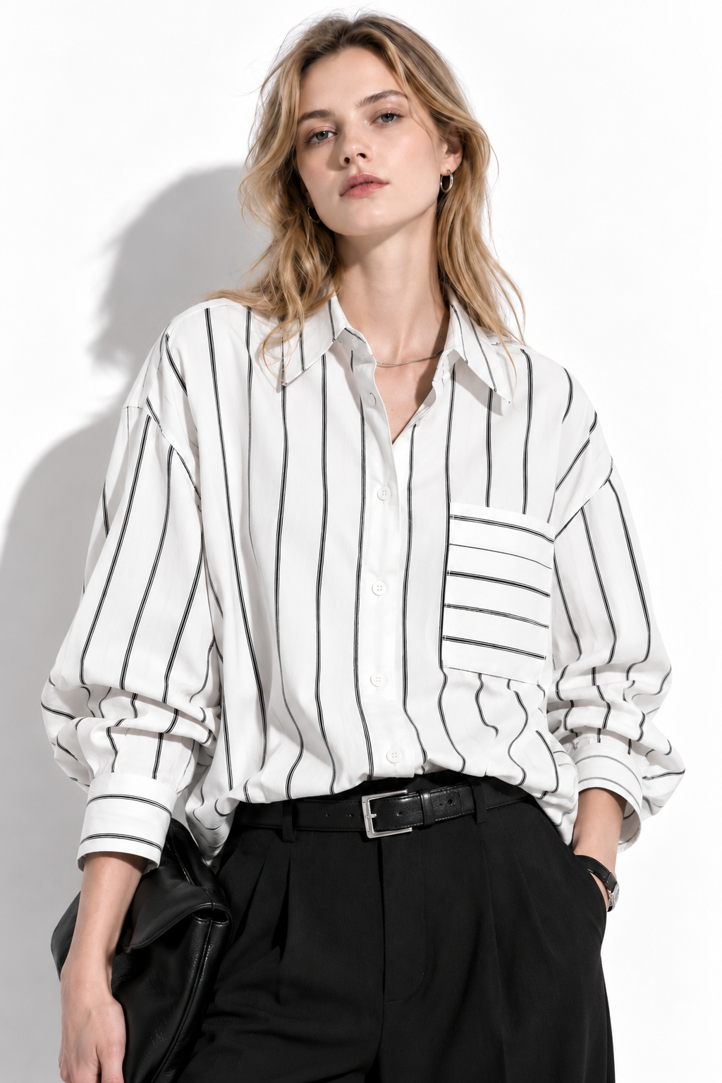 Camicia Loose a Righe Verticali con Tasca | Stile Casual