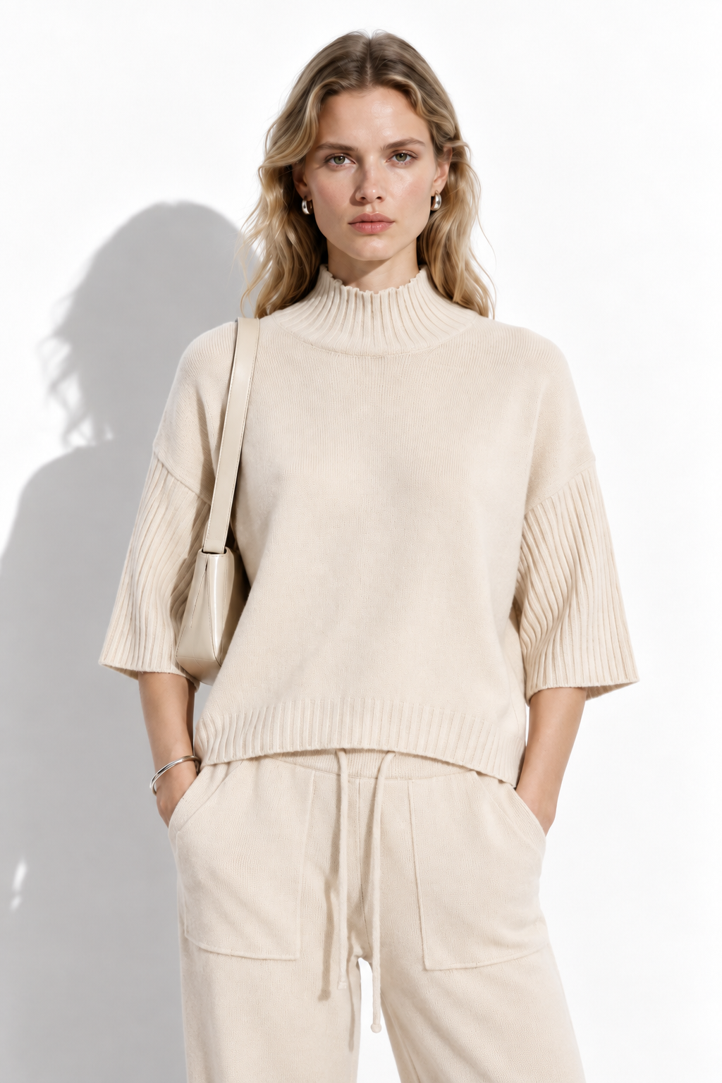 Knitted Set with High Neck and Drawstring | Casual Style