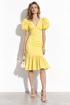 Abito Midi con Scollo a V e Maniche a Sbuffo | Stile Elegante