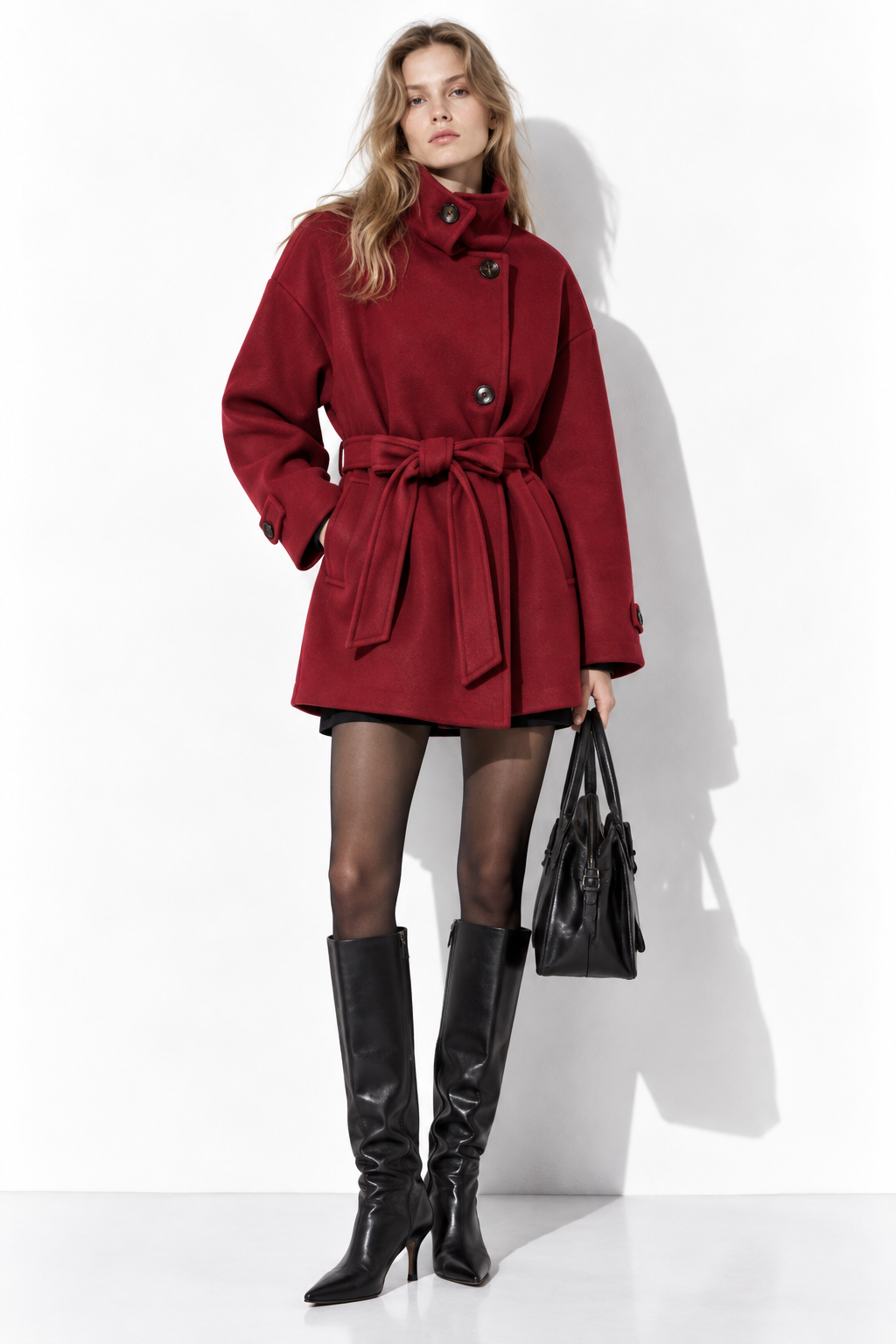 Cappotto Midi con Collo Alto e Cintura | Stile Elegante
