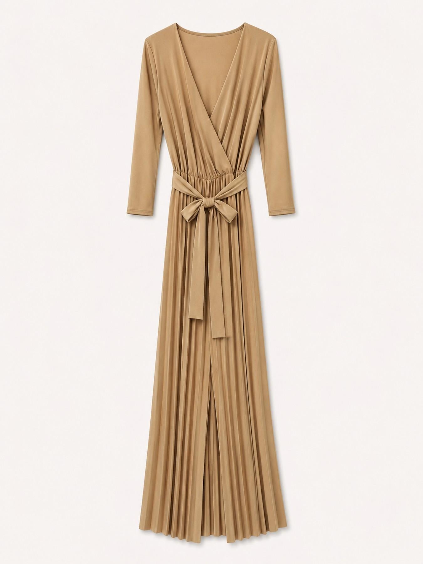 URBANREVERSE Women’s Pleated Wide Leg Jumpsuit Deep V Neck Long Sleeve Elegant Jumpsuit Minimal Luxury Flowing Palazzo Pants Belted Waist Evening Chic Formal Occasion Sophisticated Stretch Comfort Party Outfit Spring Fashion Made in Italy