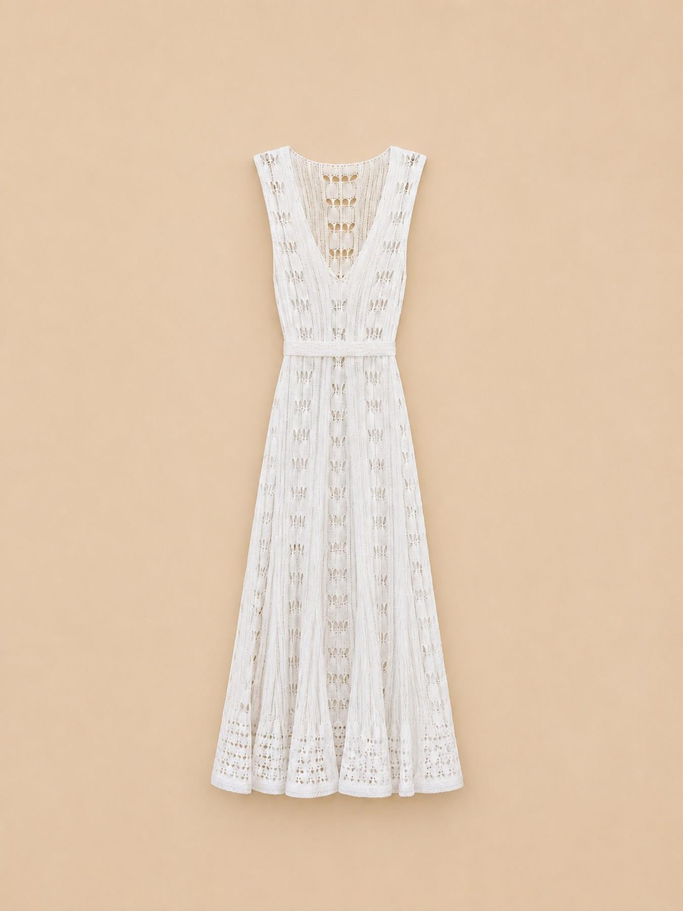URBANREVERSE Women Crochet Knit Maxi Dress Sleeveless Long Beach Cover Up Boho Chic Summer Layering Piece Elegant Resort Wear Luxury Outfit Sheer Knit Button Front Coastal Style Handmade Look Made In Italy