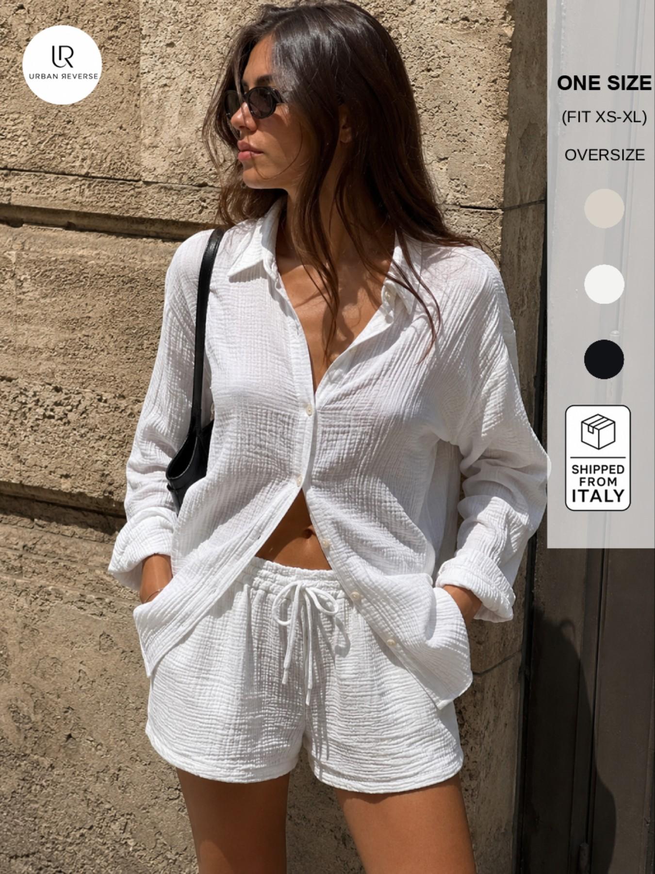 URBANREVERSE Women’s Cotton Gauze Shirt and Shorts Set Short sleeve fluid shirt with collar and chest pocket Front button fastening and made of 100% bambula cotton Total look Pacific Republic Collection Made in Italy