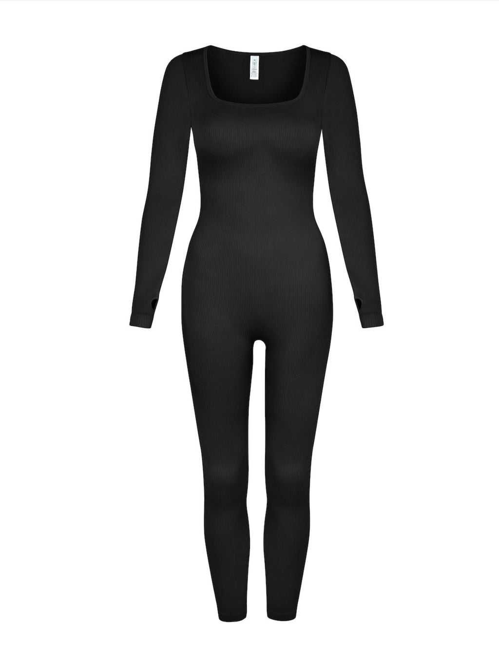 UC Women's Black Ribbed Long Sleeve Jumpsuit Square Neck Stretch One Piece Slim Fit Casual Lounge Outfit