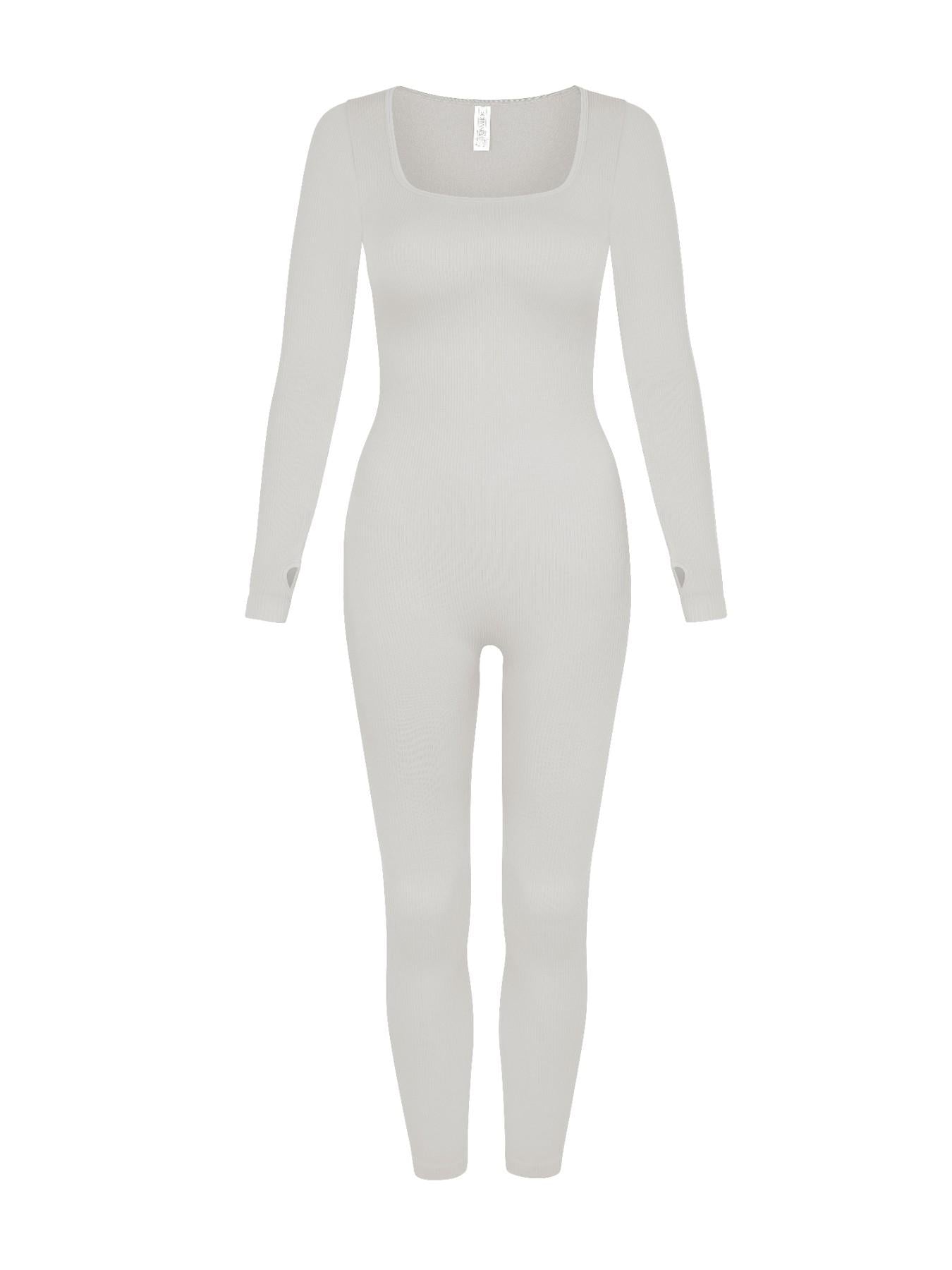 UC Women's Black Ribbed Long Sleeve Jumpsuit Square Neck Stretch One Piece Slim Fit Casual Lounge Outfit