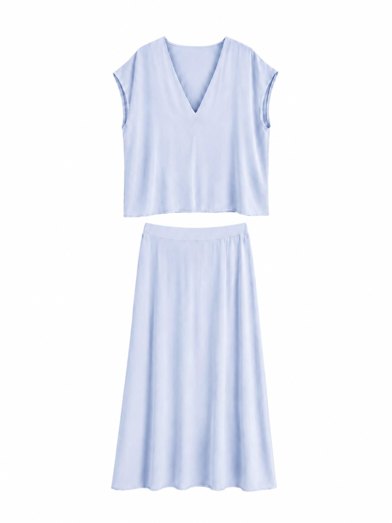 URBANREVERSE Women Viscose Co Ord Set Oversized V Neck Top and Flowing Maxi Pocket Skirt Two Piece Summer Outfit Elastic Waist Pocket Skirt Casual Elegant Holiday Dinner Party Guest Wear Made in Italy