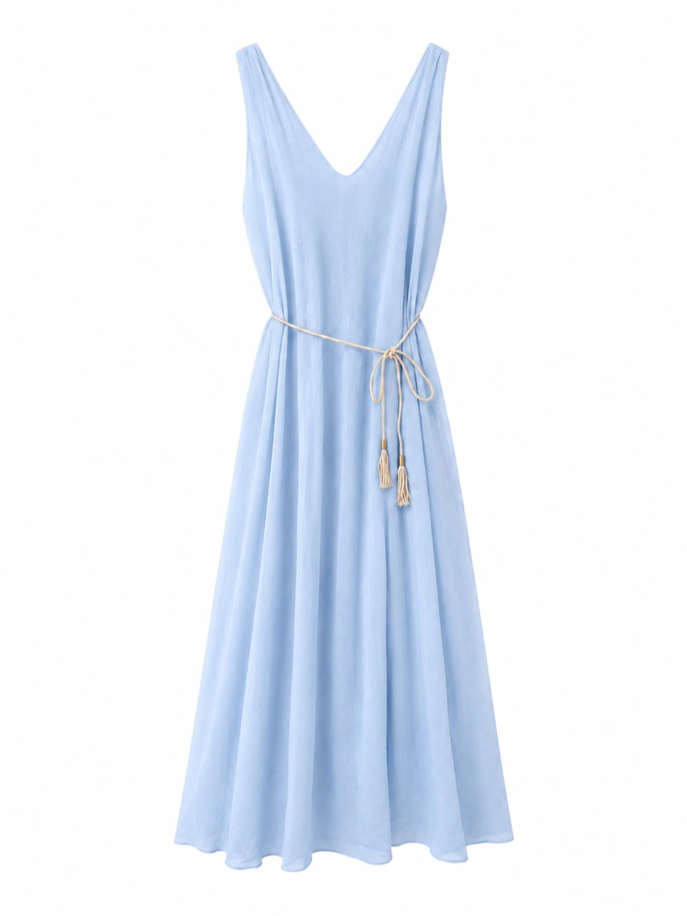URBANREVERSE Women Lyocell Midi Maxi Dress Sleeveless V Neck A Line Dress with Rope Belt Lightweight Flowy Summer Holiday Dress Casual Elegant Beach Resort Wear Made in Italy