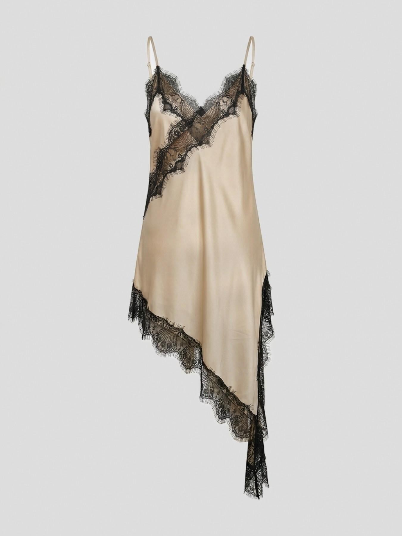 URBANREVERSE Lace Asymmetric Slip Dress Women Satin Night Dress Spaghetti Strap Lace Trim Dress Elegant Sexy Lingerie Style Mini Dress Party Club Outfit Chic Soft Fabric Summer Dress Made in Italy