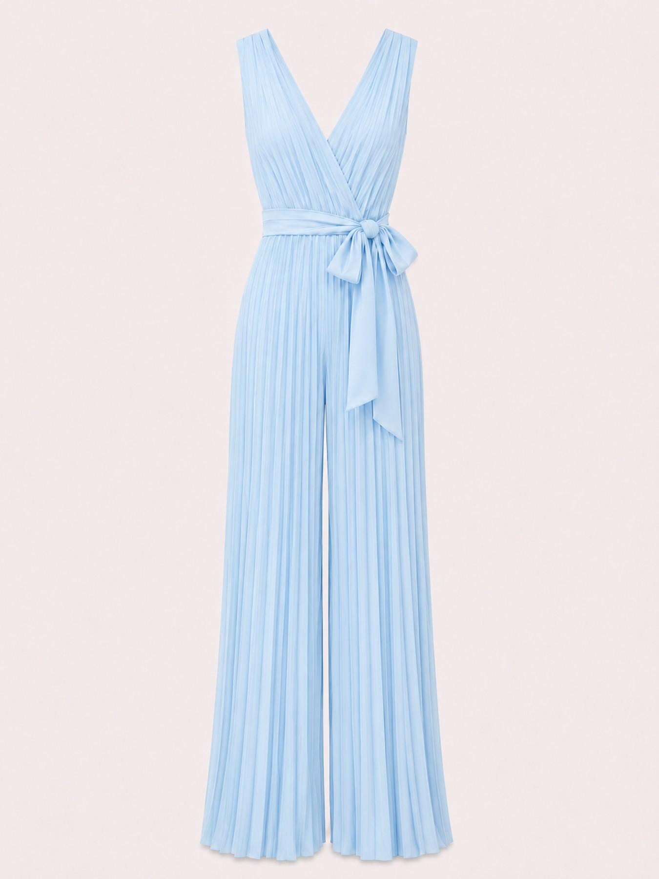URBANREVERSE Women’s Sleeveless Pleated Jumpsuit Deep V Neck Wide Leg Jumpsuit Elegant Flowing Palazzo Style Belted Waist Minimal Luxury Soft Stretch Evening Party Chic Sophisticated Summer Occasion Outfit Lightweight Fashion Made in Italy