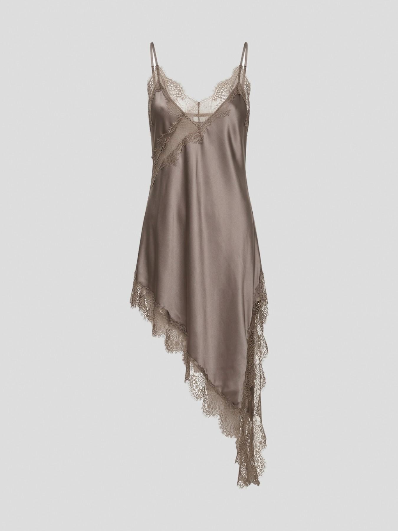 URBANREVERSE Lace Asymmetric Slip Dress Women Satin Night Dress Spaghetti Strap Lace Trim Dress Elegant Sexy Lingerie Style Mini Dress Party Club Outfit Chic Soft Fabric Summer Dress Made in Italy