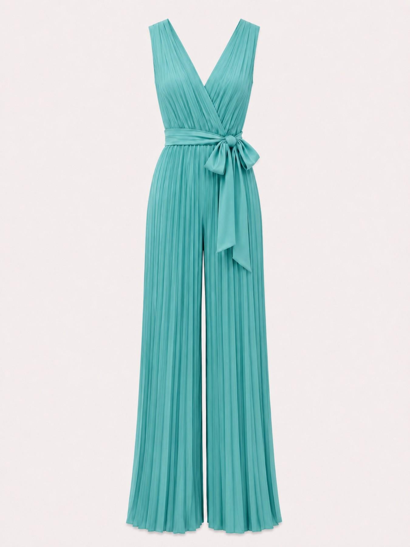 URBANREVERSE Women’s Sleeveless Pleated Jumpsuit Deep V Neck Wide Leg Jumpsuit Elegant Flowing Palazzo Style Belted Waist Minimal Luxury Soft Stretch Evening Party Chic Sophisticated Summer Occasion Outfit Lightweight Fashion Made in Italy