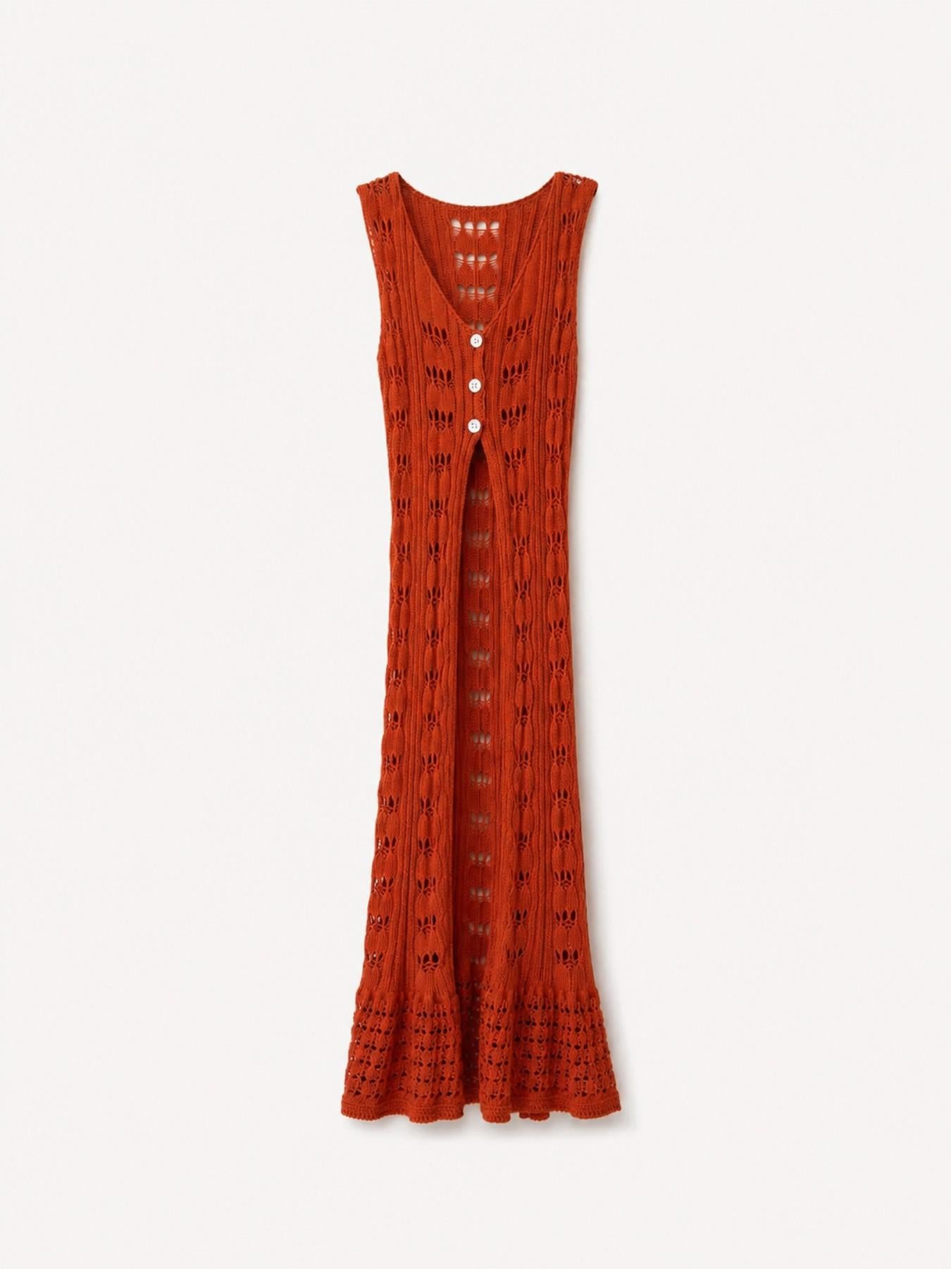 URBANREVERSE Women Crochet Knit Maxi Dress Sleeveless Long Beach Cover Up Boho Chic Summer Layering Piece Elegant Resort Wear Luxury Outfit Sheer Knit Button Front Coastal Style Handmade Look Made In Italy