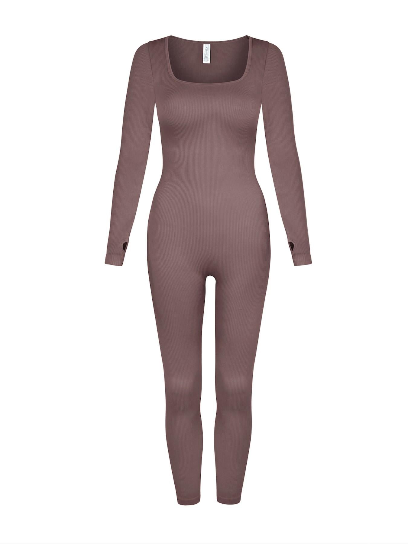 UC Women's Black Ribbed Long Sleeve Jumpsuit Square Neck Stretch One Piece Slim Fit Casual Lounge Outfit