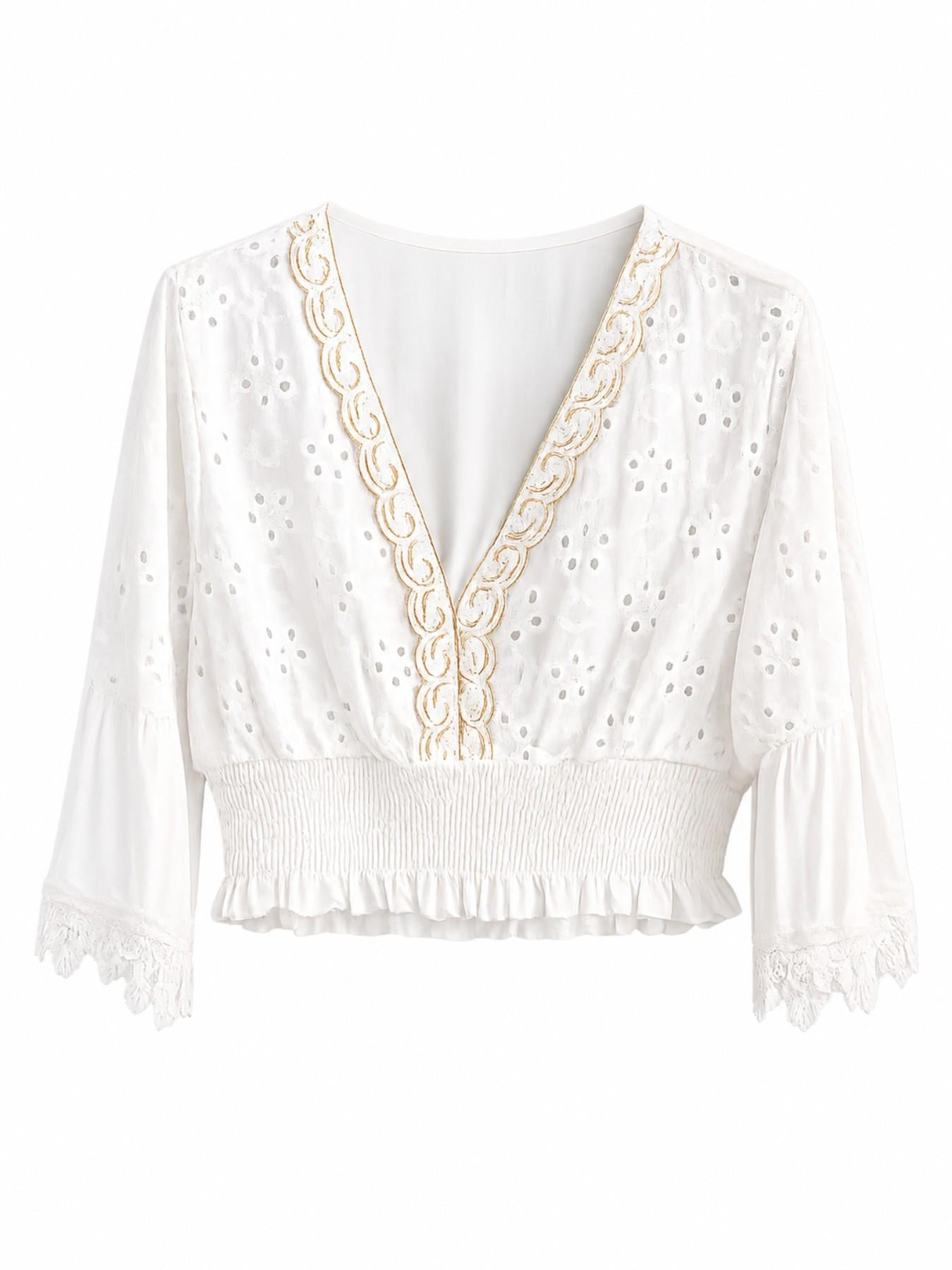 URBANREVERSE Women's White Broderie Anglaise Crop Blouse V Neck Embroidered Top Boho Summer Shirt Elastic Waist Lace Sleeve Beach Cover Up Made in Italy