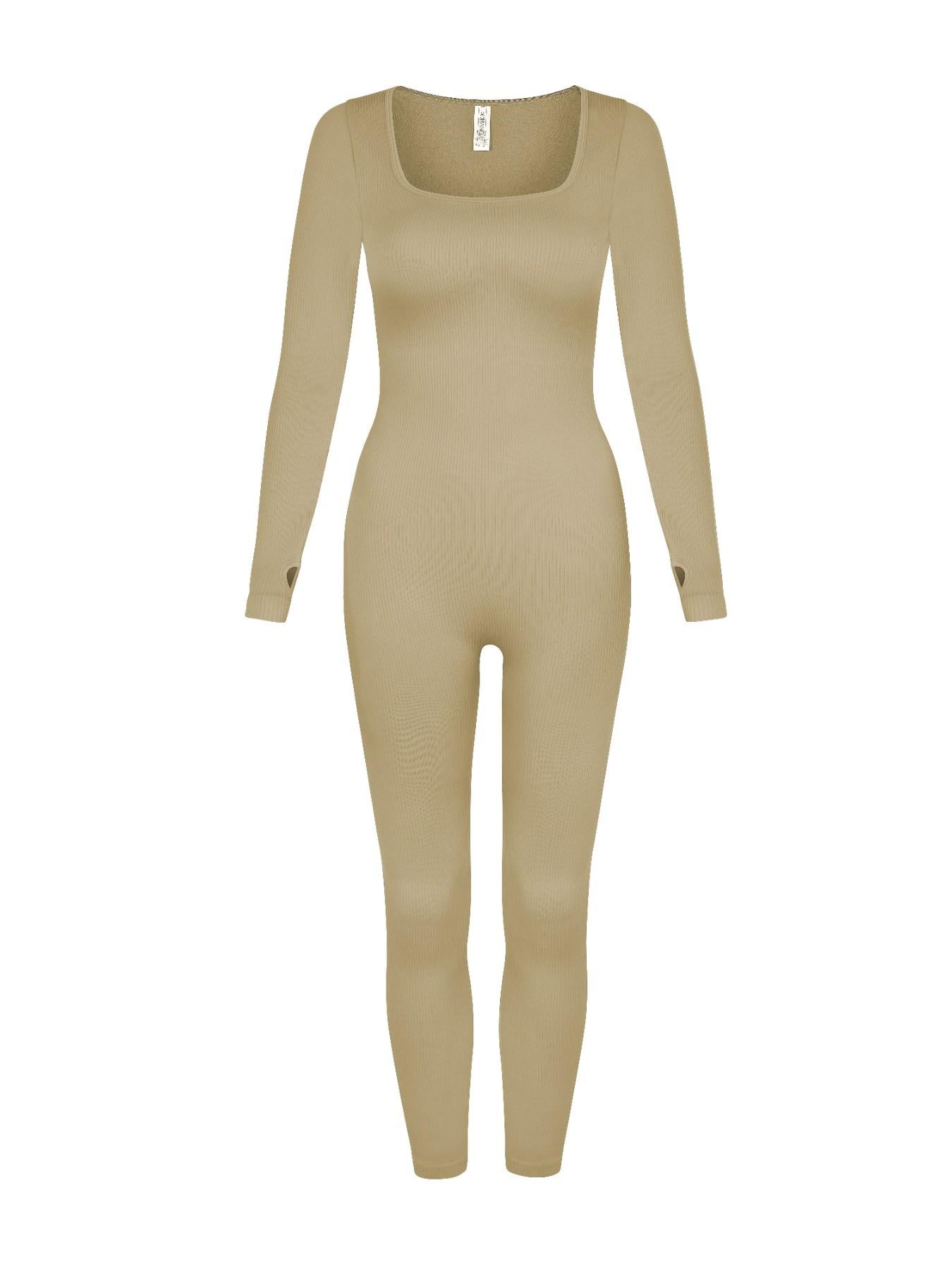UC Women's Black Ribbed Long Sleeve Jumpsuit Square Neck Stretch One Piece Slim Fit Casual Lounge Outfit