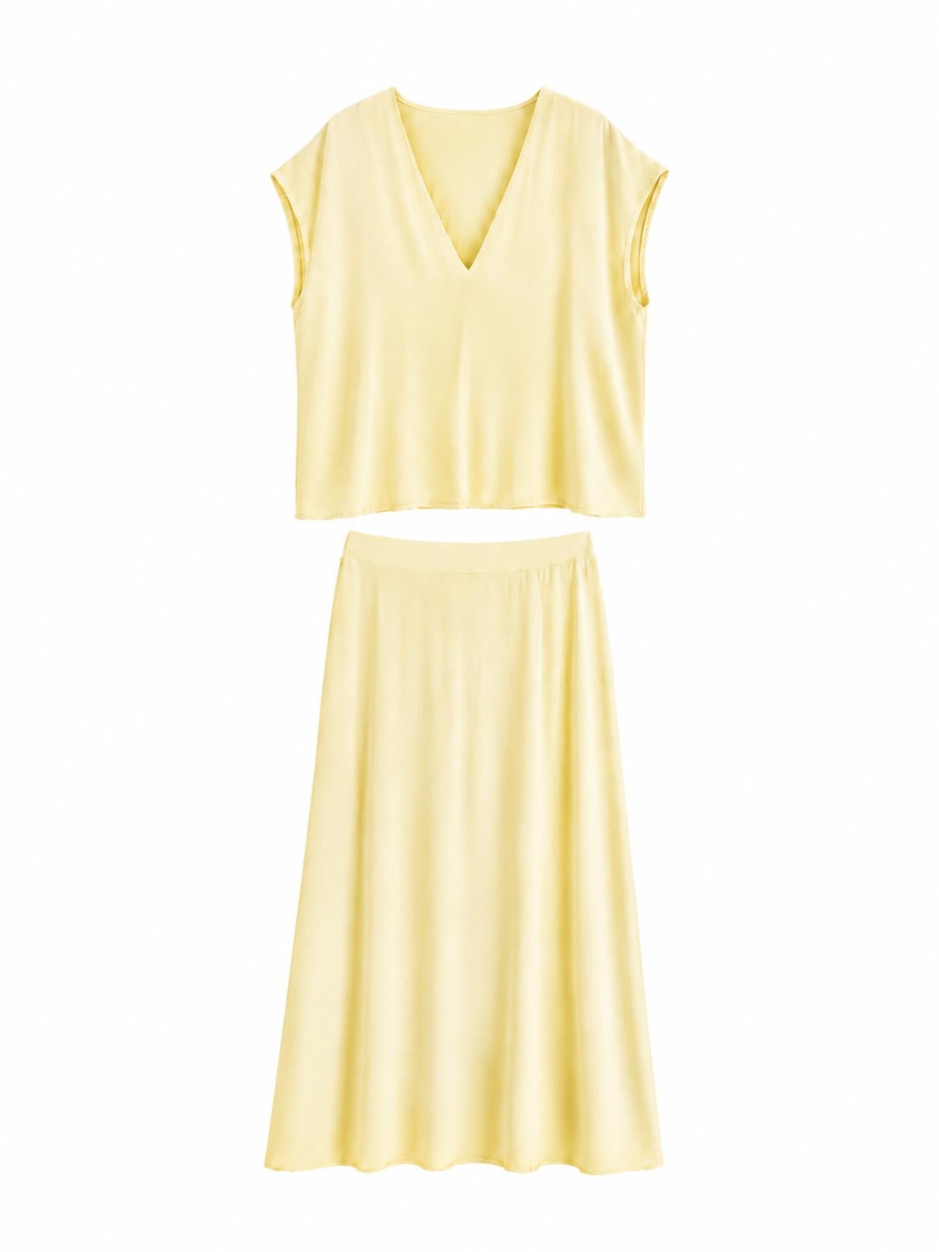 URBANREVERSE Women Viscose Co Ord Set Oversized V Neck Top and Flowing Maxi Pocket Skirt Two Piece Summer Outfit Elastic Waist Pocket Skirt Casual Elegant Holiday Dinner Party Guest Wear Made in Italy