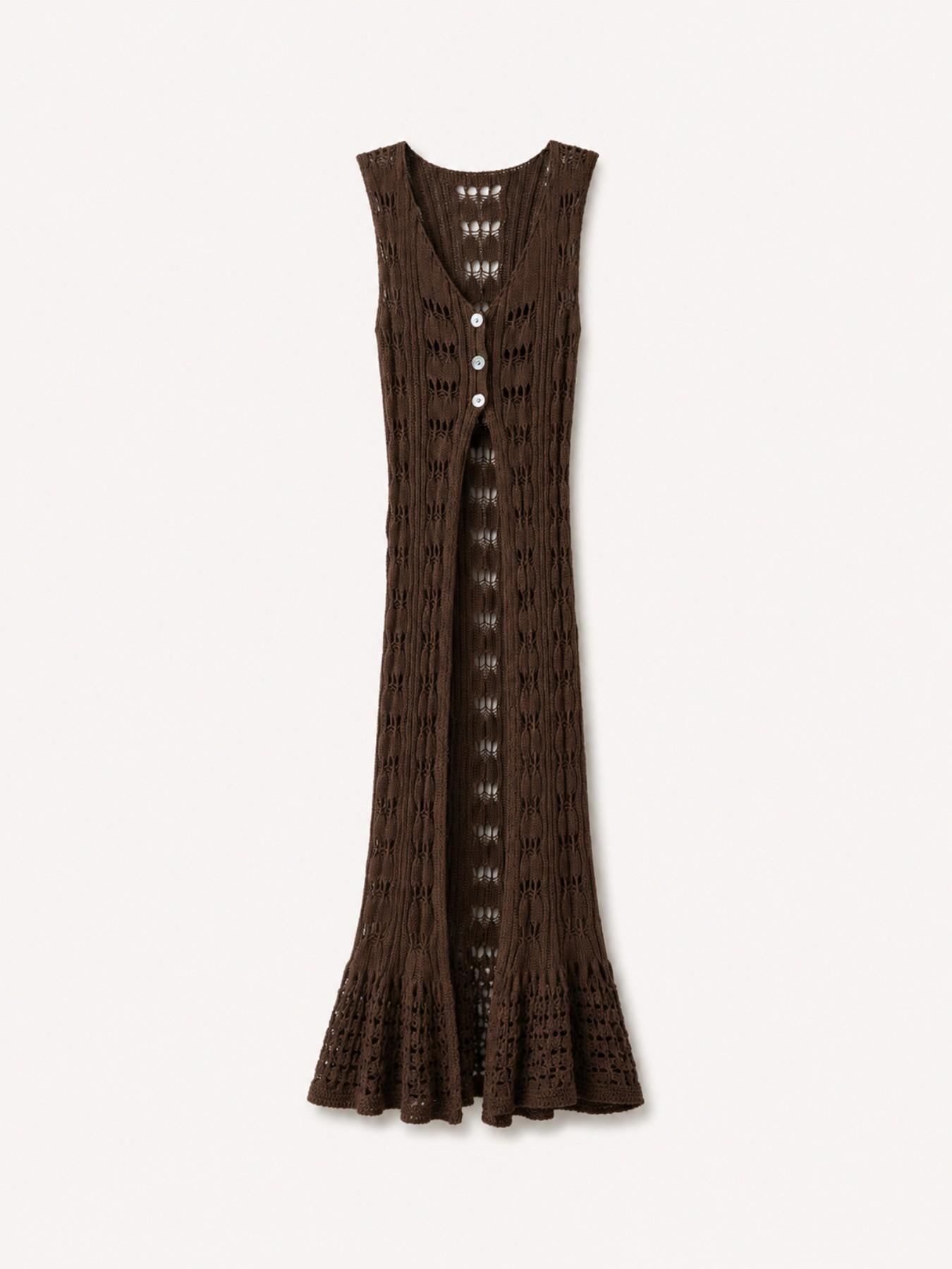 URBANREVERSE Women Crochet Knit Maxi Dress Sleeveless Long Beach Cover Up Boho Chic Summer Layering Piece Elegant Resort Wear Luxury Outfit Sheer Knit Button Front Coastal Style Handmade Look Made In Italy