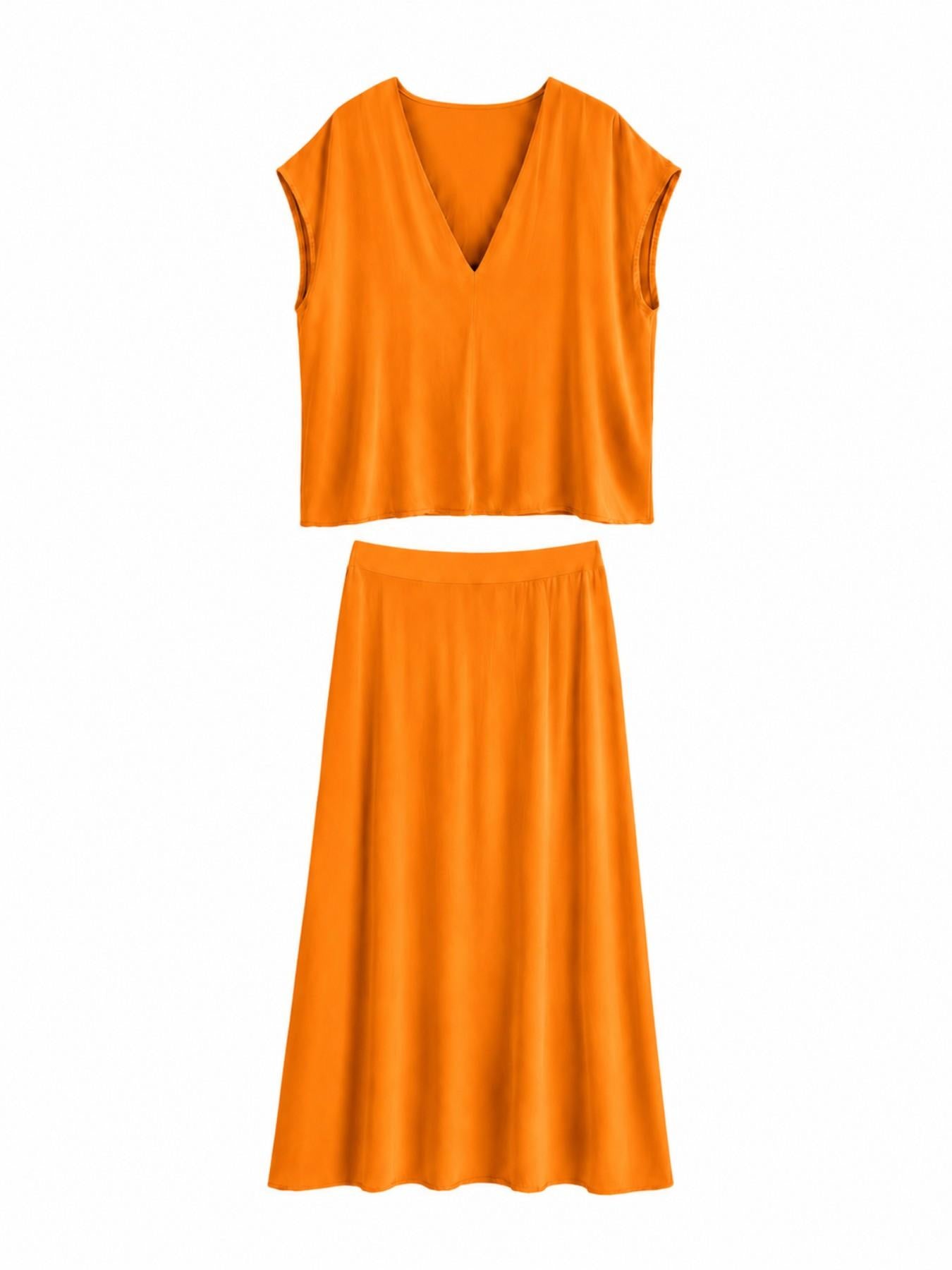 URBANREVERSE Women Viscose Co Ord Set Oversized V Neck Top and Flowing Maxi Pocket Skirt Two Piece Summer Outfit Elastic Waist Pocket Skirt Casual Elegant Holiday Dinner Party Guest Wear Made in Italy
