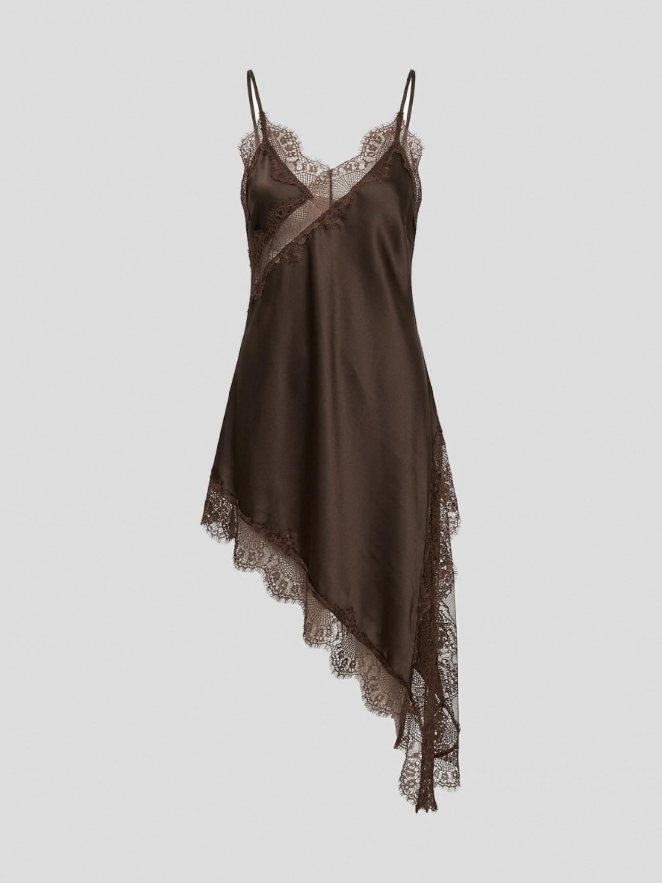 URBANREVERSE Lace Asymmetric Slip Dress Women Satin Night Dress Spaghetti Strap Lace Trim Dress Elegant Sexy Lingerie Style Mini Dress Party Club Outfit Chic Soft Fabric Summer Dress Made in Italy