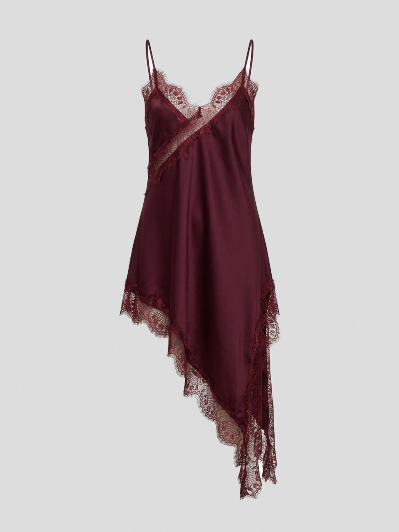 URBANREVERSE Lace Asymmetric Slip Dress Women Satin Night Dress Spaghetti Strap Lace Trim Dress Elegant Sexy Lingerie Style Mini Dress Party Club Outfit Chic Soft Fabric Summer Dress Made in Italy