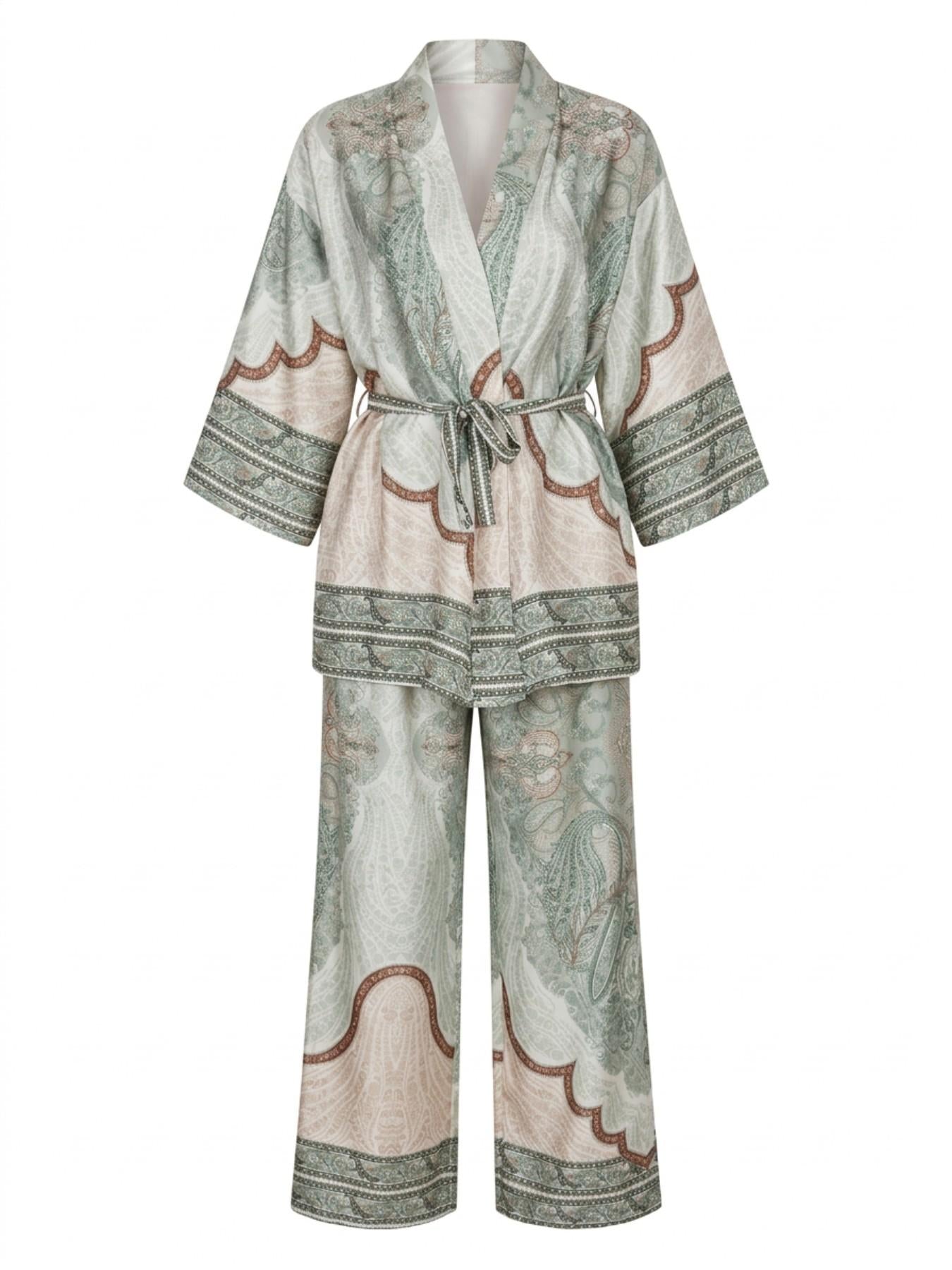 URBANREVERSE Boho Kimono Set Kimono Jacket Wide Leg Pants Two Piece Coordinated Women Boho Resort Chic Matching Set Summer Look Holiday Outfit Elegant Casual Luxury Street Style Italian Style premium look relaxed fit Made in Italy