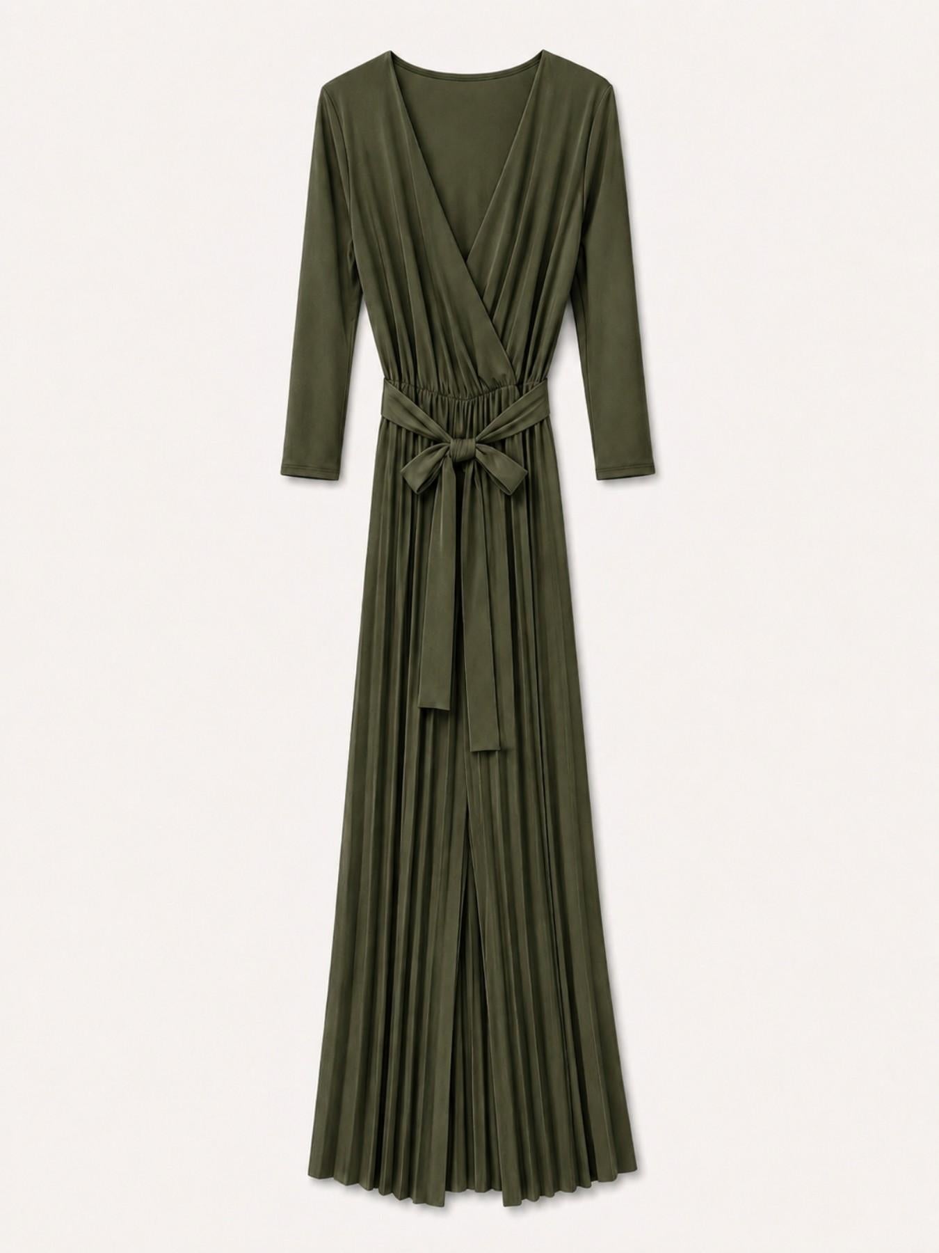 URBANREVERSE Women’s Pleated Wide Leg Jumpsuit Deep V Neck Long Sleeve Elegant Jumpsuit Minimal Luxury Flowing Palazzo Pants Belted Waist Evening Chic Formal Occasion Sophisticated Stretch Comfort Party Outfit Spring Fashion Made in Italy