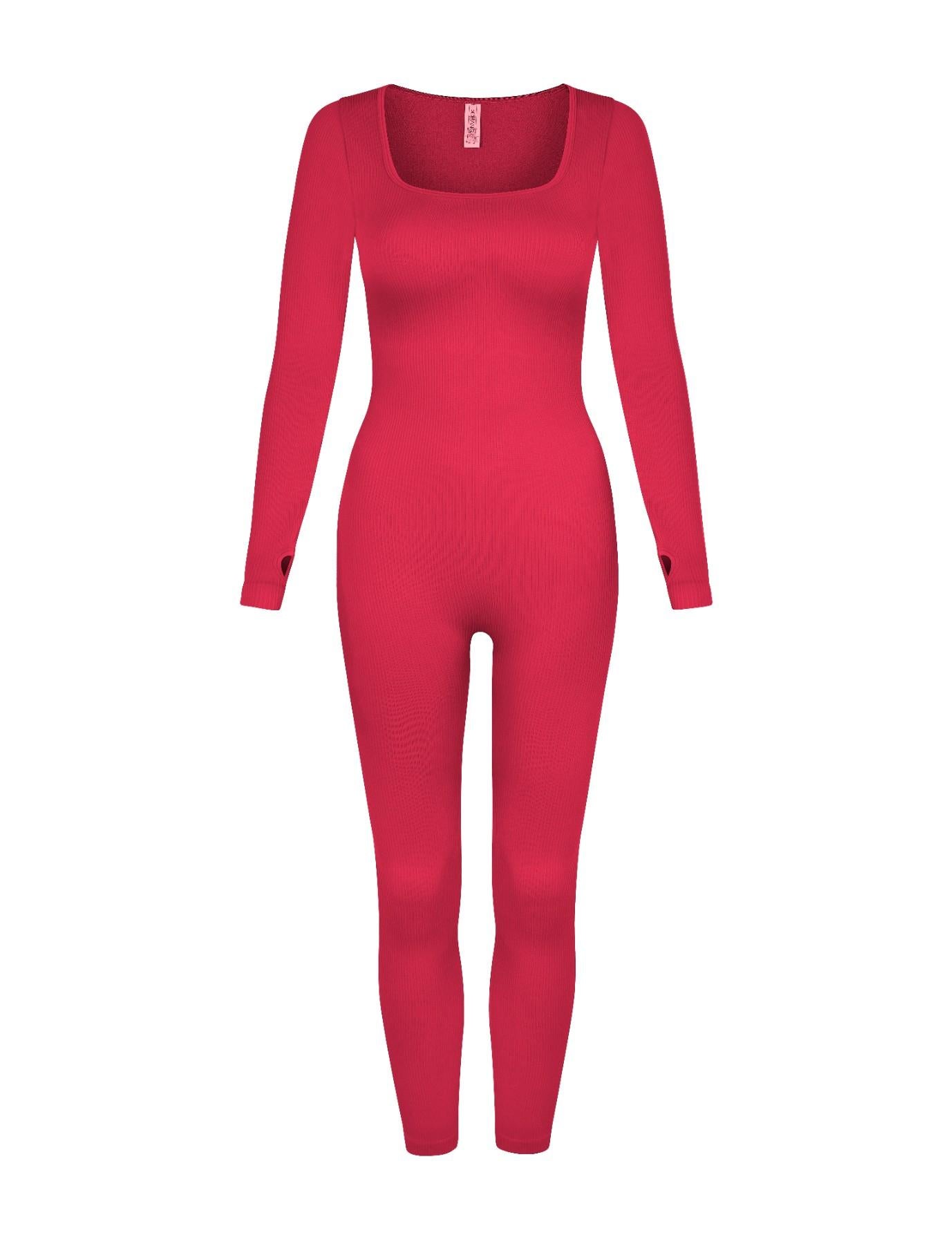 UC Women's Black Ribbed Long Sleeve Jumpsuit Square Neck Stretch One Piece Slim Fit Casual Lounge Outfit