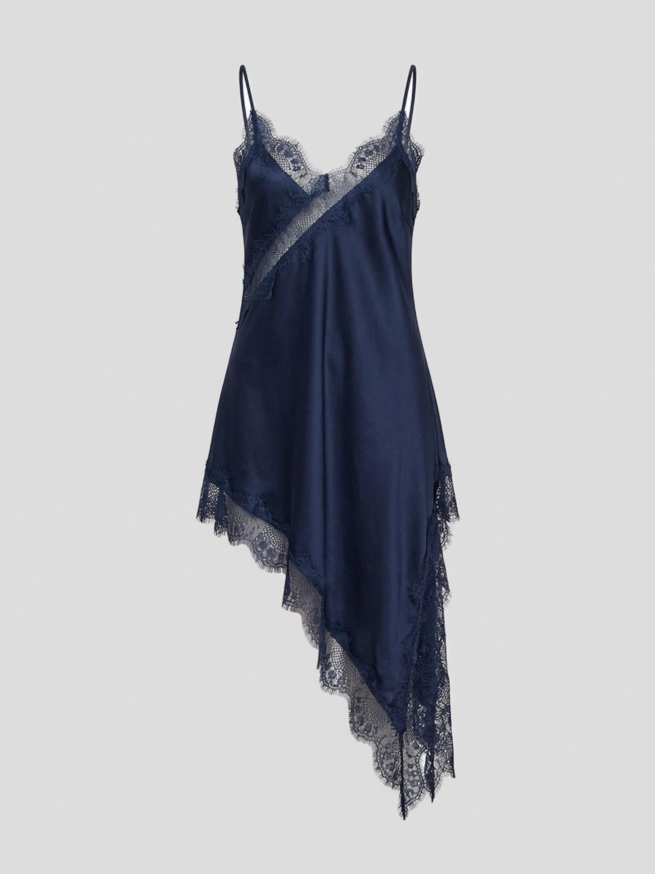URBANREVERSE Lace Asymmetric Slip Dress Women Satin Night Dress Spaghetti Strap Lace Trim Dress Elegant Sexy Lingerie Style Mini Dress Party Club Outfit Chic Soft Fabric Summer Dress Made in Italy