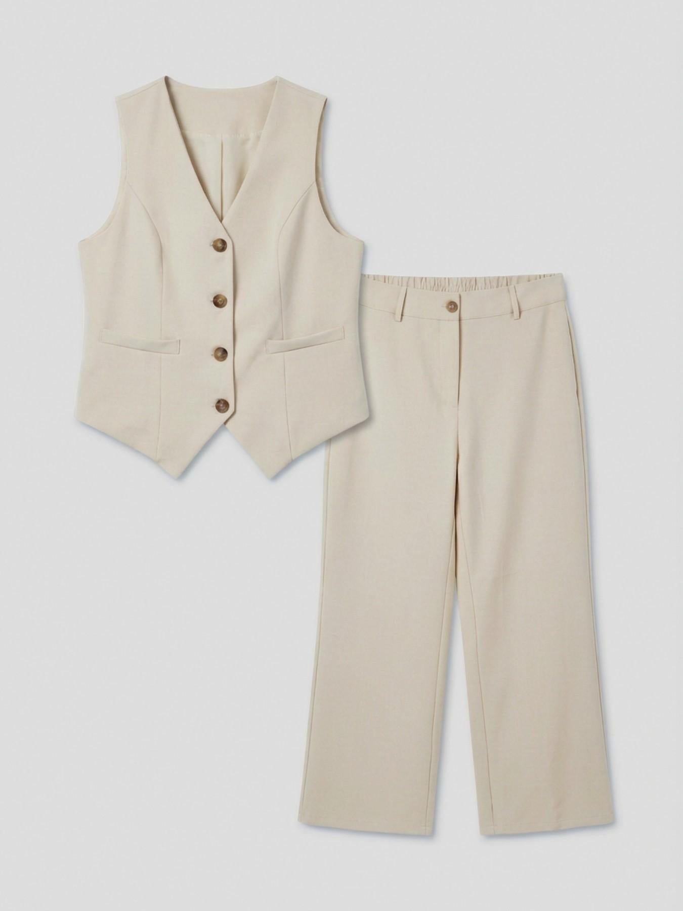 URBANREVERSE Coordinated Gilet Pants Vest Waistcoat Trousers Set Women Two Piece Set Sleeveless Blazer High Waist Wide Leg Pants Tailored Suit Elegant Office Outfit Chic Minimal Smart Casual Fashion Made in Italy