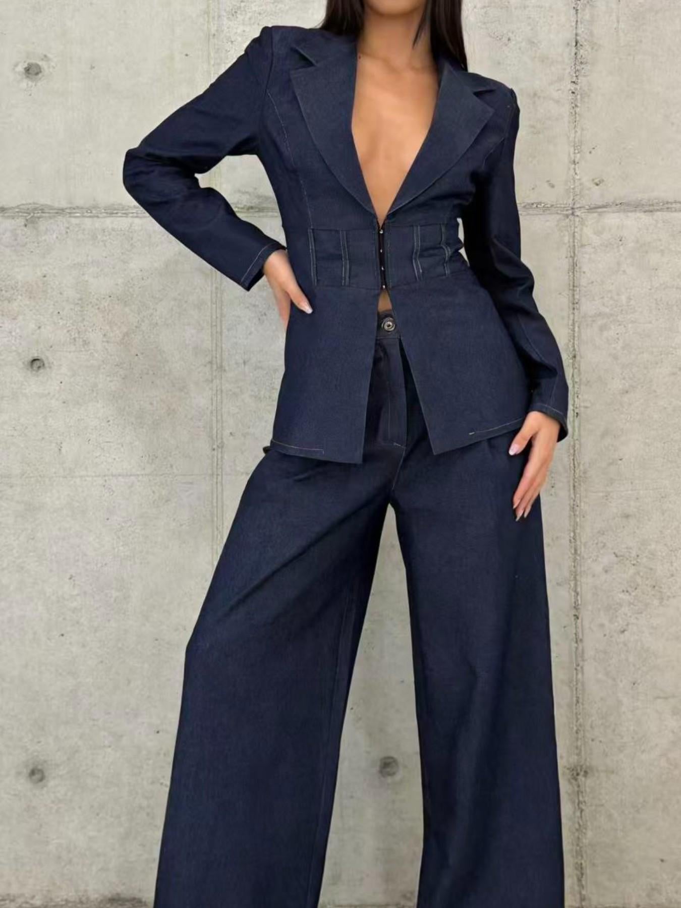 URBANREVERSE Coordinated Set Two Piece Blazer Jacket Wide Leg Pants Women Denim Look Tailored Set Elegant Chic Outfit Structured Waist Fashion Set Street Style Minimal Chic Italian Style Jeans Cotton Made in Italy