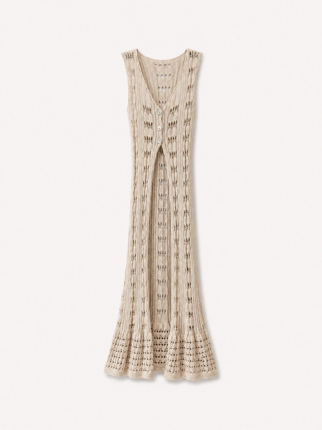 URBANREVERSE Women Crochet Knit Maxi Dress Sleeveless Long Beach Cover Up Boho Chic Summer Layering Piece Elegant Resort Wear Luxury Outfit Sheer Knit Button Front Coastal Style Handmade Look Made In Italy