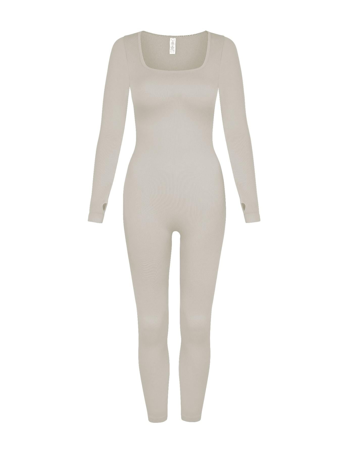 UC Women's Black Ribbed Long Sleeve Jumpsuit Square Neck Stretch One Piece Slim Fit Casual Lounge Outfit