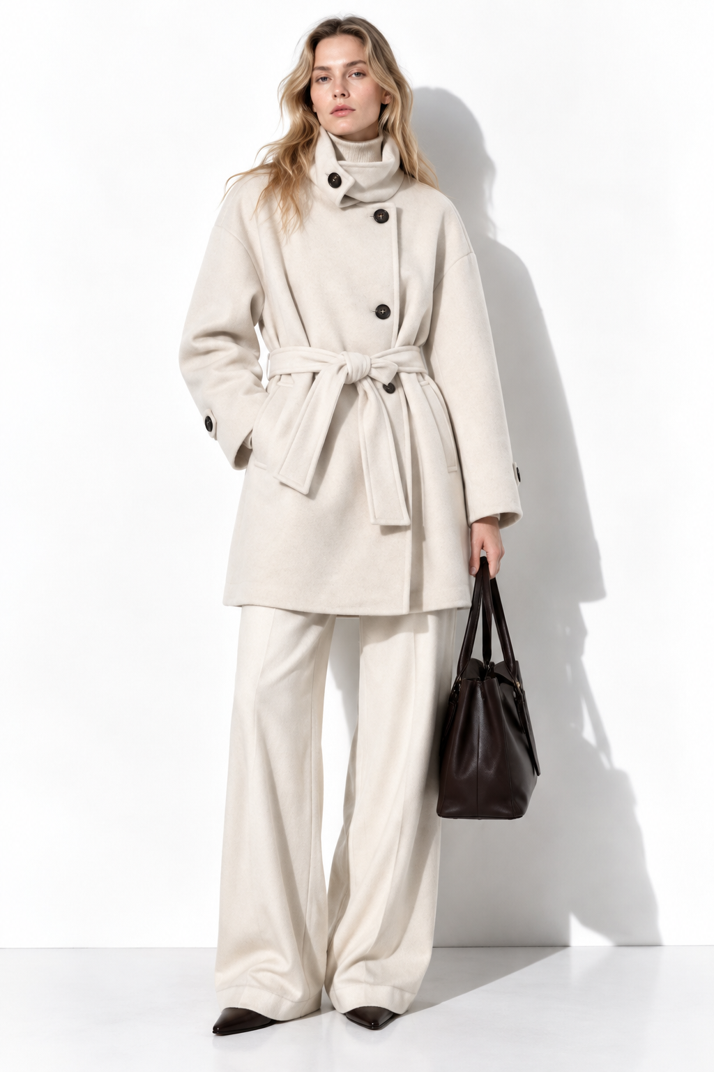 Cappotto Midi con Collo Alto e Cintura | Stile Elegante