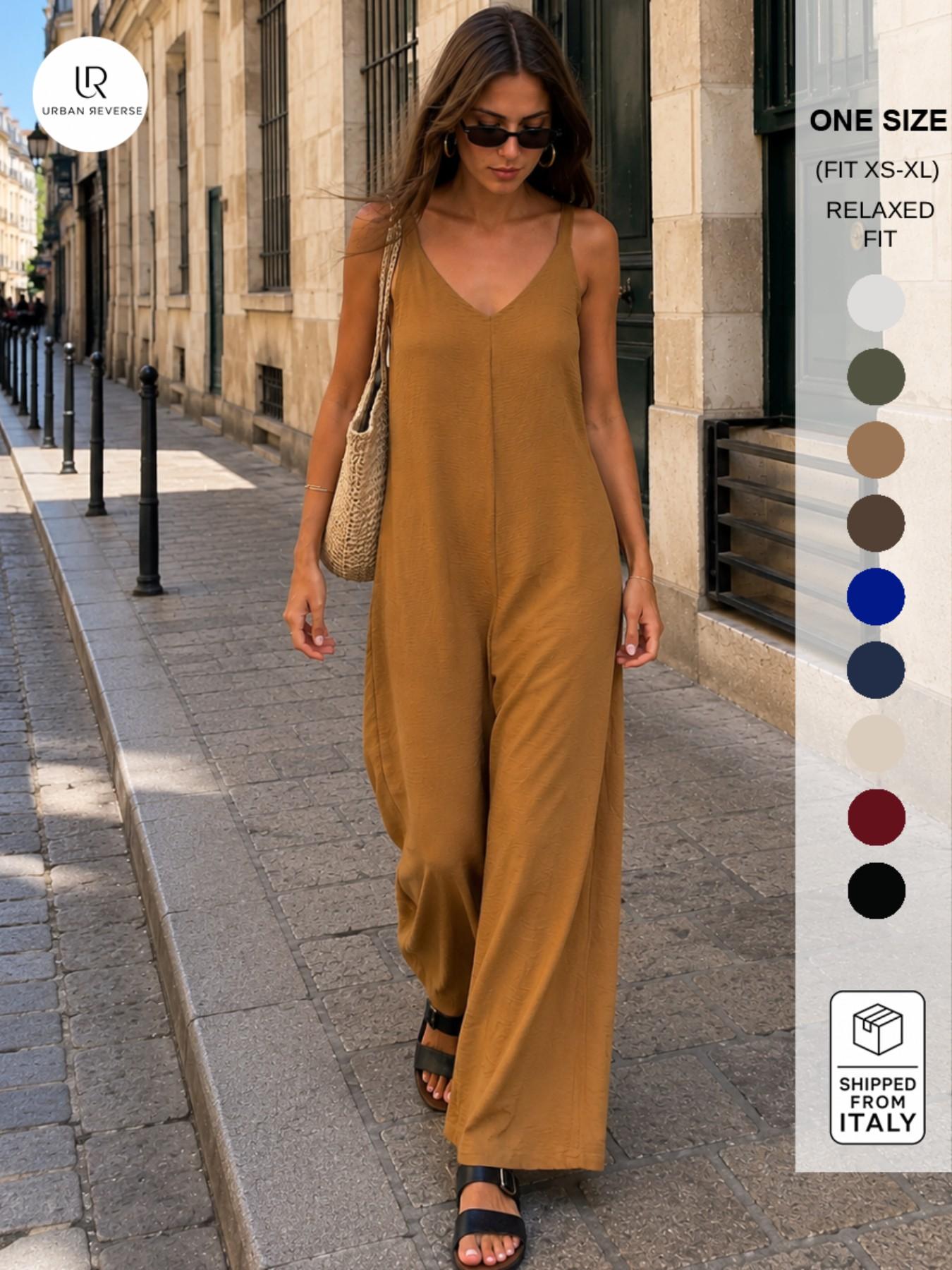 URBANREVERSE Women Flowy Maxi Jumpsuit Sleeveless Loose Fit Dress Minimal Chic Elegant Relaxed Silhouette Lightweight Summer Dress Soft Draped Casual Vacation Beach Style Everyday Comfort Feminine Fashion Made in Italy