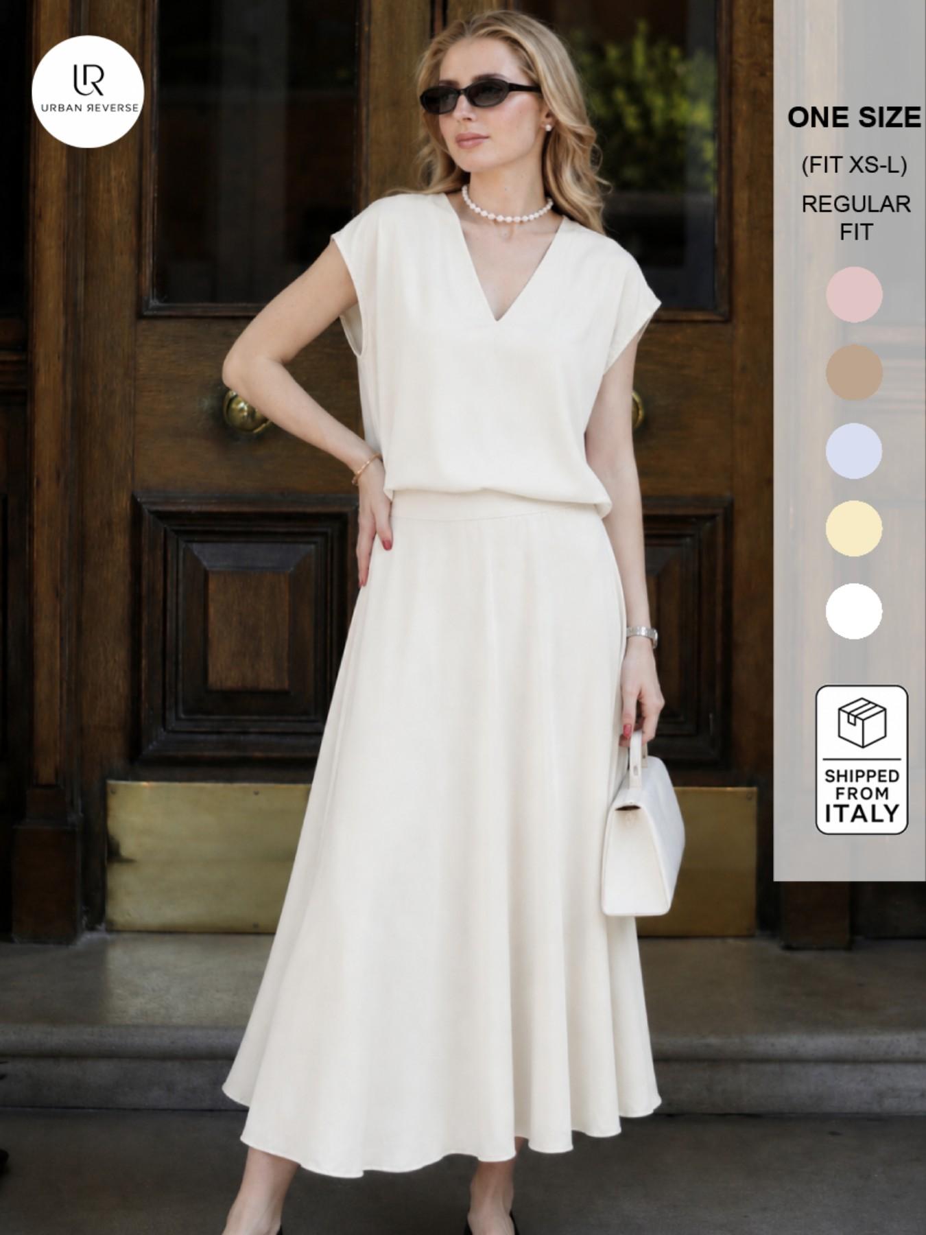 URBANREVERSE Women Viscose Co Ord Set Oversized V Neck Top and Flowing Maxi Pocket Skirt Two Piece Summer Outfit Elastic Waist Pocket Skirt Casual Elegant Holiday Dinner Party Guest Wear Made in Italy