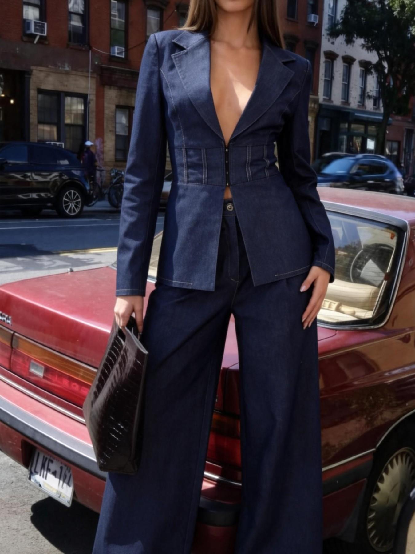 URBANREVERSE Coordinated Set Two Piece Blazer Jacket Wide Leg Pants Women Denim Look Tailored Set Elegant Chic Outfit Structured Waist Fashion Set Street Style Minimal Chic Italian Style Jeans Cotton Made in Italy