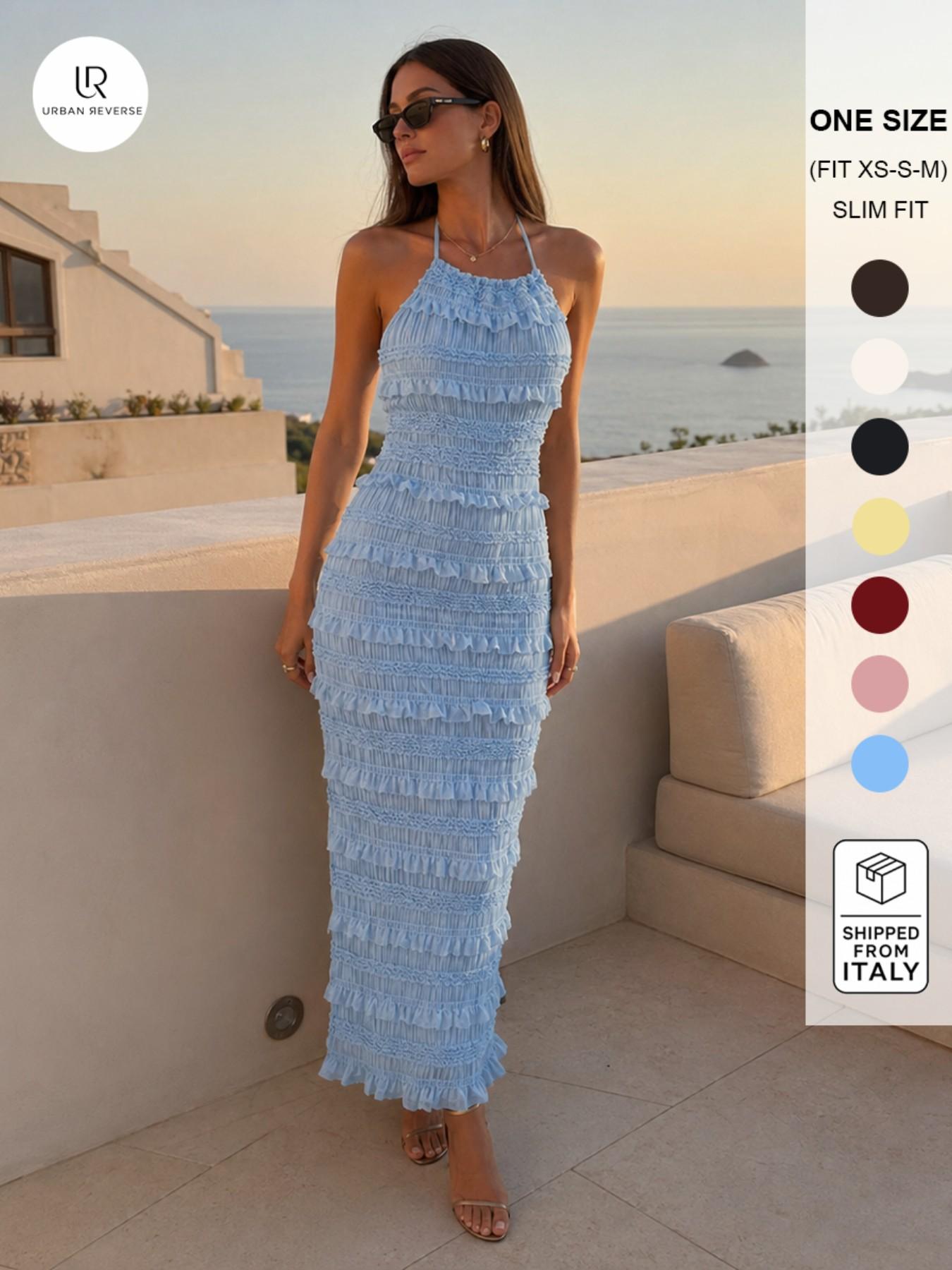 URBANREVERSE Maxi Dress Halter Dress Women Long Dress Backless Dress Ruffle Dress Bodycon Dress Elegant Dress Evening Dress Party Dress Summer Outfit Chic Style Fashion Trend Spring Summer Made in Italy