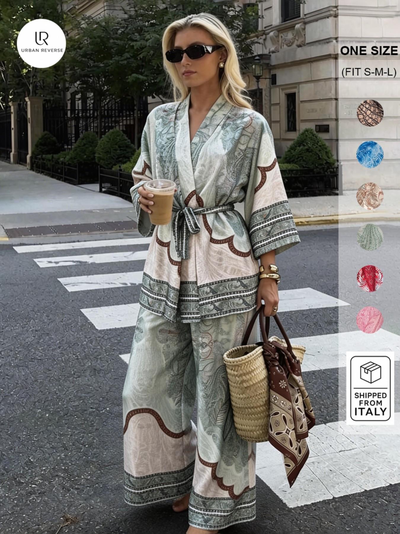 URBANREVERSE Boho Kimono Set Kimono Jacket Wide Leg Pants Two Piece Coordinated Women Boho Resort Chic Matching Set Summer Look Holiday Outfit Elegant Casual Luxury Street Style Italian Style premium look relaxed fit Made in Italy