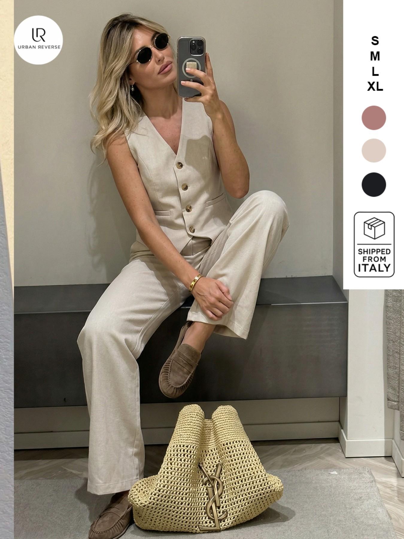 URBANREVERSE Coordinated Gilet Pants Vest Waistcoat Trousers Set Women Two Piece Set Sleeveless Blazer High Waist Wide Leg Pants Tailored Suit Elegant Office Outfit Chic Minimal Smart Casual Fashion Made in Italy