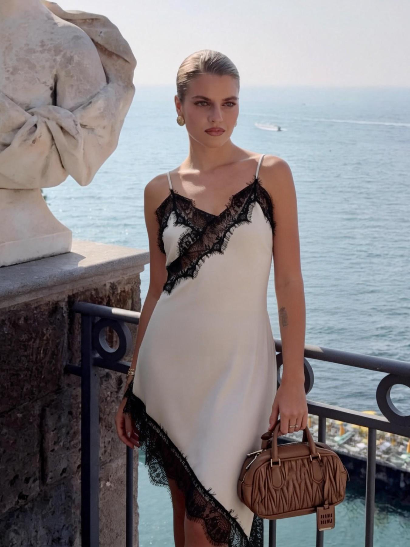 URBANREVERSE Lace Asymmetric Slip Dress Women Satin Night Dress Spaghetti Strap Lace Trim Dress Elegant Sexy Lingerie Style Mini Dress Party Club Outfit Chic Soft Fabric Summer Dress Made in Italy