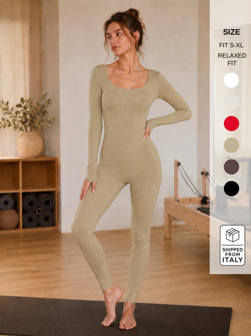 UC Women's Black Ribbed Long Sleeve Jumpsuit Square Neck Stretch One Piece Slim Fit Casual Lounge Outfit