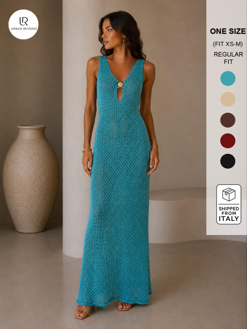 URBANREVERSE Women’s Metallic Crochet Maxi Dress Deep V Neck Sleeveless Beach Dress Shimmer Knit Cover Up Elegant Summer Resort Dress Body Skimming Fit Vacation Style Made in Italy