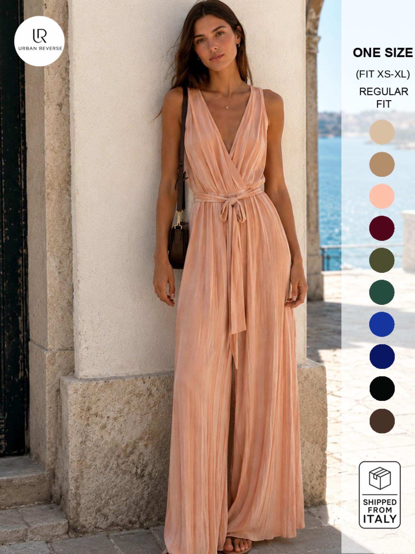 URBANREVERSE Women’s Sleeveless Pleated Jumpsuit Deep V Neck Wide Leg Jumpsuit Elegant Flowing Palazzo Style Belted Waist Minimal Luxury Soft Stretch Evening Party Chic Sophisticated Summer Occasion Outfit Lightweight Fashion Made in Italy