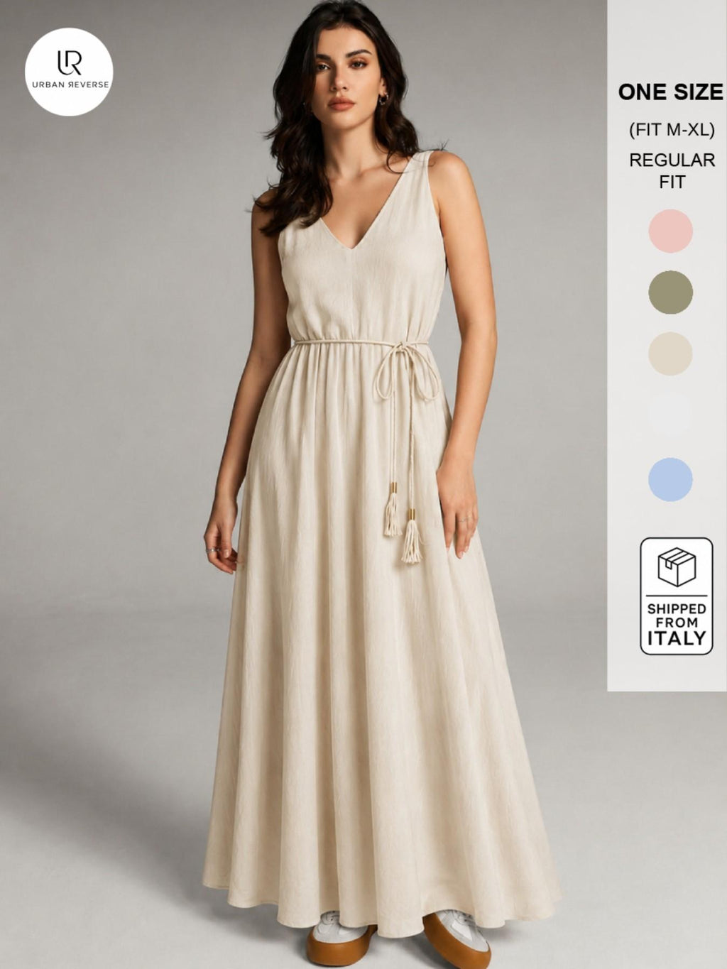 URBANREVERSE Women Lyocell Midi Maxi Dress Sleeveless V Neck A Line Dress with Rope Belt Lightweight Flowy Summer Holiday Dress Casual Elegant Beach Resort Wear Made in Italy