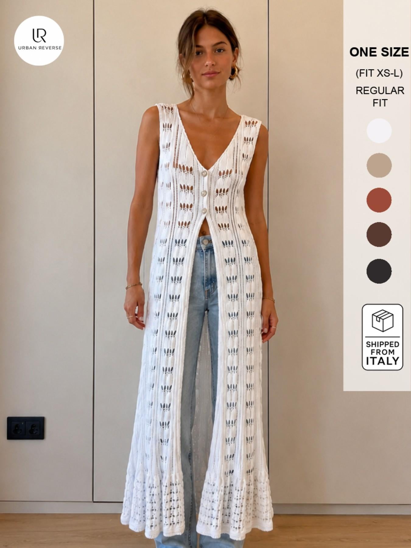 URBANREVERSE Women Crochet Knit Maxi Dress Sleeveless Long Beach Cover Up Boho Chic Summer Layering Piece Elegant Resort Wear Luxury Outfit Sheer Knit Button Front Coastal Style Handmade Look Made In Italy