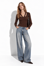 Maglia a Costine con Scollo a V e Maniche Lunghe | Stile Casual