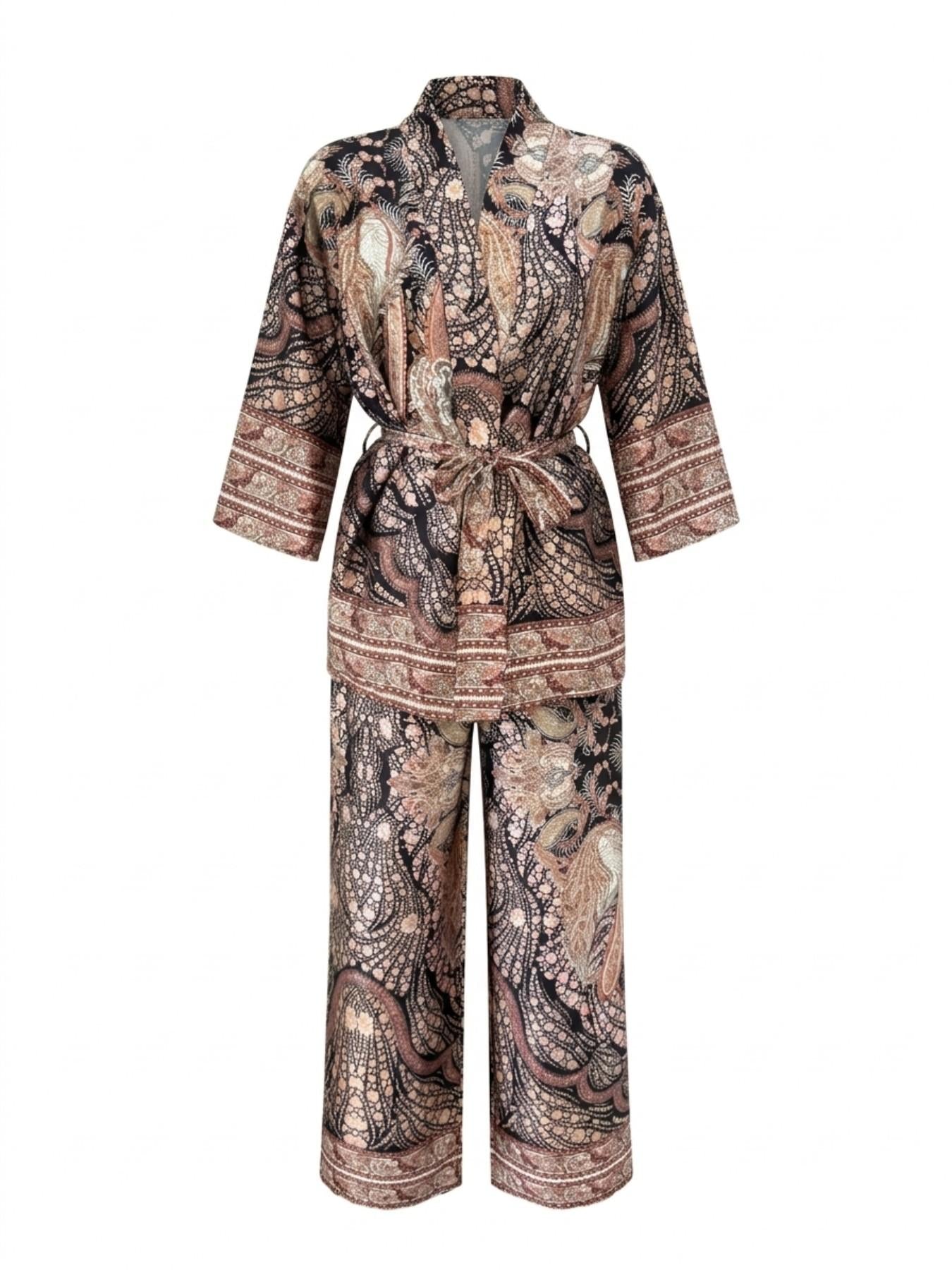 URBANREVERSE Boho Kimono Set Kimono Jacket Wide Leg Pants Two Piece Coordinated Women Boho Resort Chic Matching Set Summer Look Holiday Outfit Elegant Casual Luxury Street Style Italian Style premium look relaxed fit Made in Italy